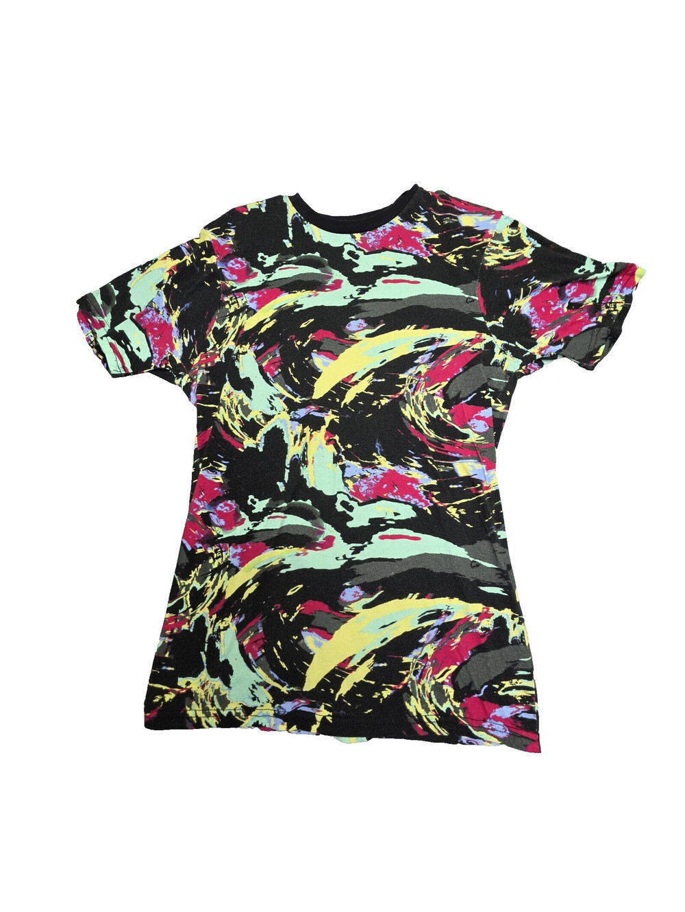 Vibrant Trippy Paint Splatter Swirl AOP T Shirt Womans S Abstract Camo Graphic T